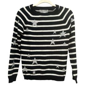 Ply Cashmere Black White Star Striped Cashmere Sweater Fall Cozy Sz XS